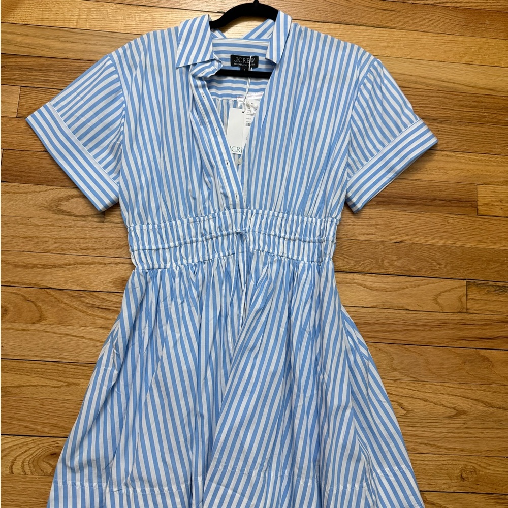 J. Crew Blue and White Vertical Stripe Shirt Dress